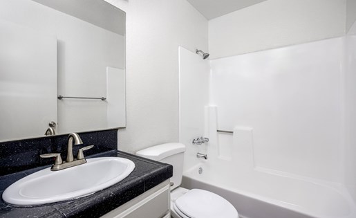 A white toilet sits next to a sink in a bathroom.